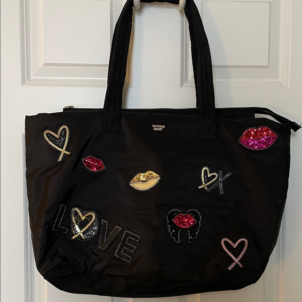 Victoria's Secret Black Tote with Pink and Gold Embellishments